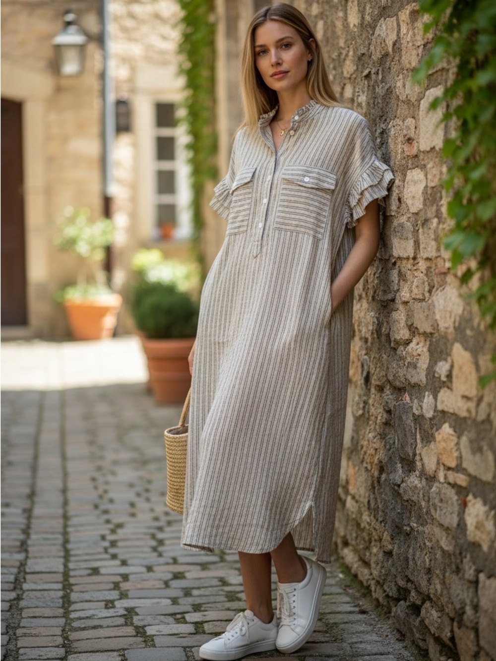 Maison Anana Striped Ruffle Sleeve Henly Midi Shirtdress